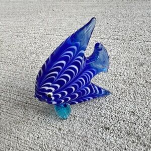 Blue Art Glass Fish Figurine Hand Blown Style Swirl Pattern Mini 2.5”